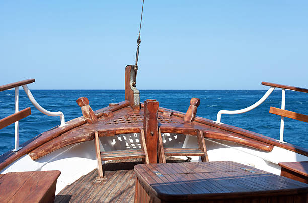 The bow of old wood ship in blue waters of Mediterranean sea
