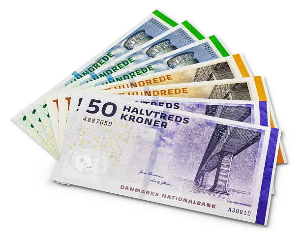 Photo of Stack of 200, 100 and 50 danish krone banknotes