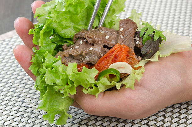 Bulgogi "Korean BBQ beef, served with kimchi, ssamjang and lettuce leaves." banchan stock pictures, royalty-free photos & images