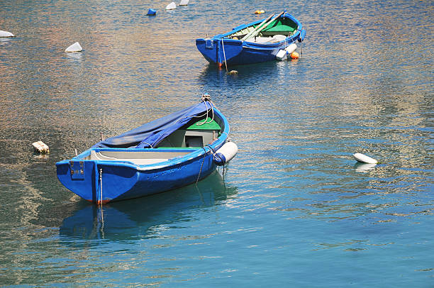 Two row boats anchored stock photo