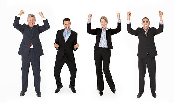 grupo de empresarios en estudio - cheering business three people teamwork fotografías e imágenes de stock