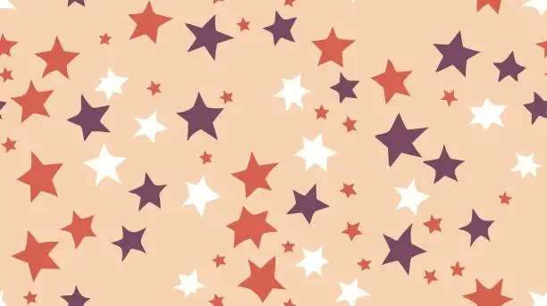 Vector illustration of Festive Stars Wallpaper. Starry night sky. Stars in different shapes and forms. Starry Sky Colorful Background. Design for fabric, wrapping paper, background, wallpaper. Seamless.