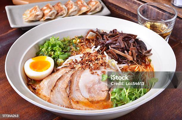 A Big Bowl Of Ramen On A Wooden Table Stock Photo - Download Image Now - Ramen Noodles, Asia, Boiled