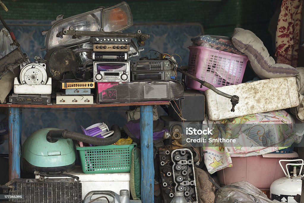 workshop mess miscellaneous stuff stored in home workshop Messy Stock Photo