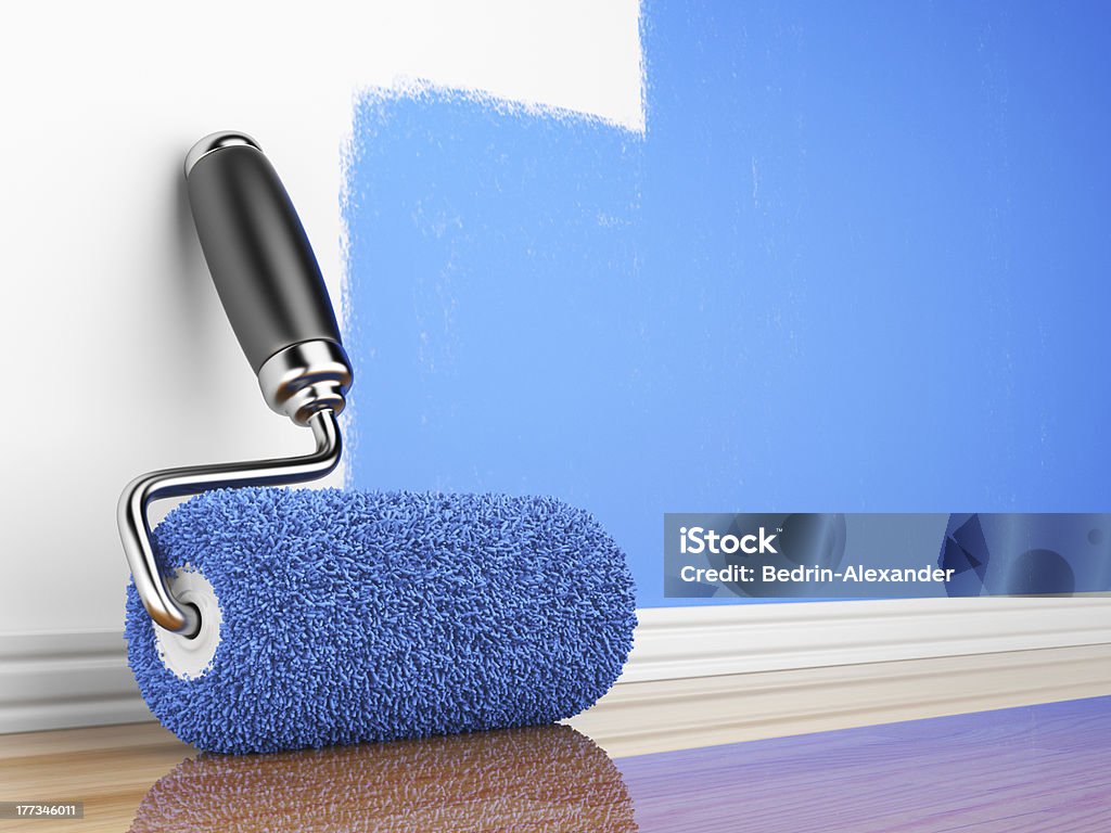 A paint roller leaning against a wall being painted blue Painting of an empty wall. Renovation home. 3D illustration Blue Stock Photo