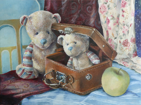 Still Life with Teddy Bears. Painted by Irina Raskina. Oil on canvas. Original size 30 x 40 cm. 2012.