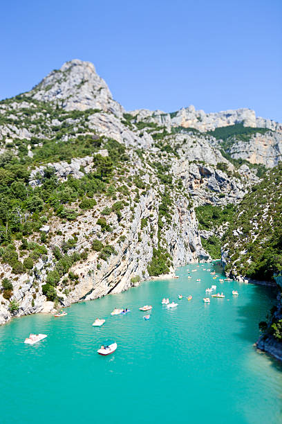 Boats on Gorges du Verdon canyon. Real Tilt Shift Photography "Boats on Gorges du Verdon, Saint Croix lake european canyon and river. Real Tilt Shift Photography. Provence Alps Cote Azur, France." leisure activity french culture sport high angle view stock pictures, royalty-free photos & images