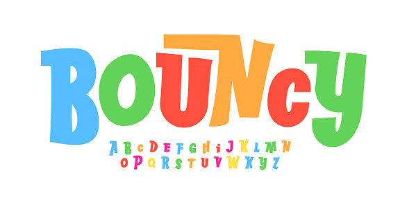 Bouncy color font, lively dynamic letters for fun and friendly designs. Perfect for school, birthdays, joyful celebrations or carnival. Cartoon typography for funny and funky design. Vector typeset