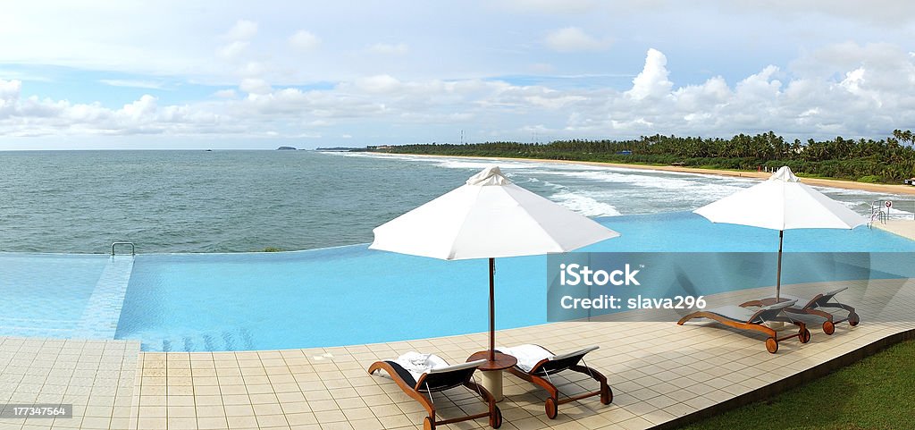 The panorama of sea view swimming pool and beach "The panorama of the sea view swimming pool and beach, Bentota, Sri Lanka" Luxury Hotel Stock Photo