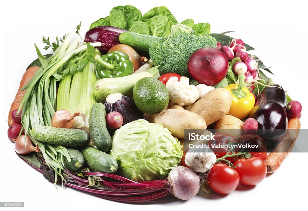 Variety of vegetables are laid out in a circle Variety of vegetables are laid out in a circle on a white background. Asparagus Stock Photo