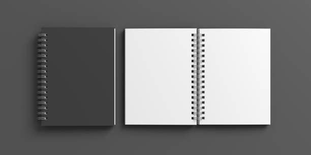 istock Notebook mockup. Closed and open blank notebook with black cover. Spiral notepad on gray background 1773480142
