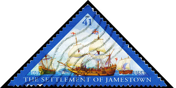 Ships "A Stamp printed in USA shows the Ships Susan Constant, Godspeed and Discovery, settlement of Jamestown, 400th anniversary, circa 2007" godspeed stock pictures, royalty-free photos & images