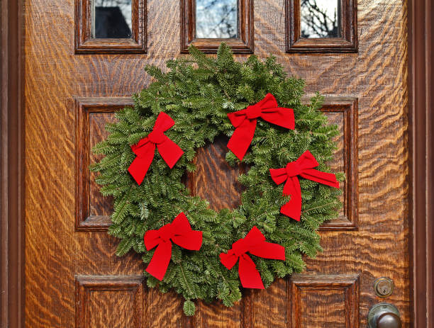 istock Front door with Christmas wreath 177348717