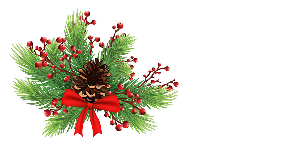 Christmas seasonal festive composition, bouquet, decor. Holiday decor with holly, berries and snowflakes.Greeting or invitation with fir branches, mistletoe, bows, balls, oranges, cinnamon,candy cane