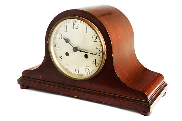 istock Old antique wooden clock on white 177349416