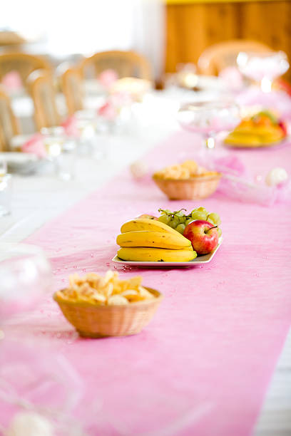 Middle view, fresh fruit on reception table stock photo