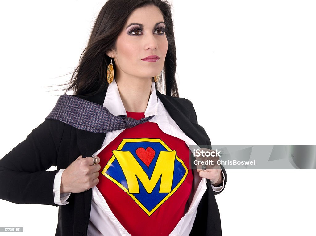 Super Mom Beautiful Female Regular Character Hero Sheds Suit A Woman shows her Super Mother Uniform underneath her street clothes Mother Stock Photo