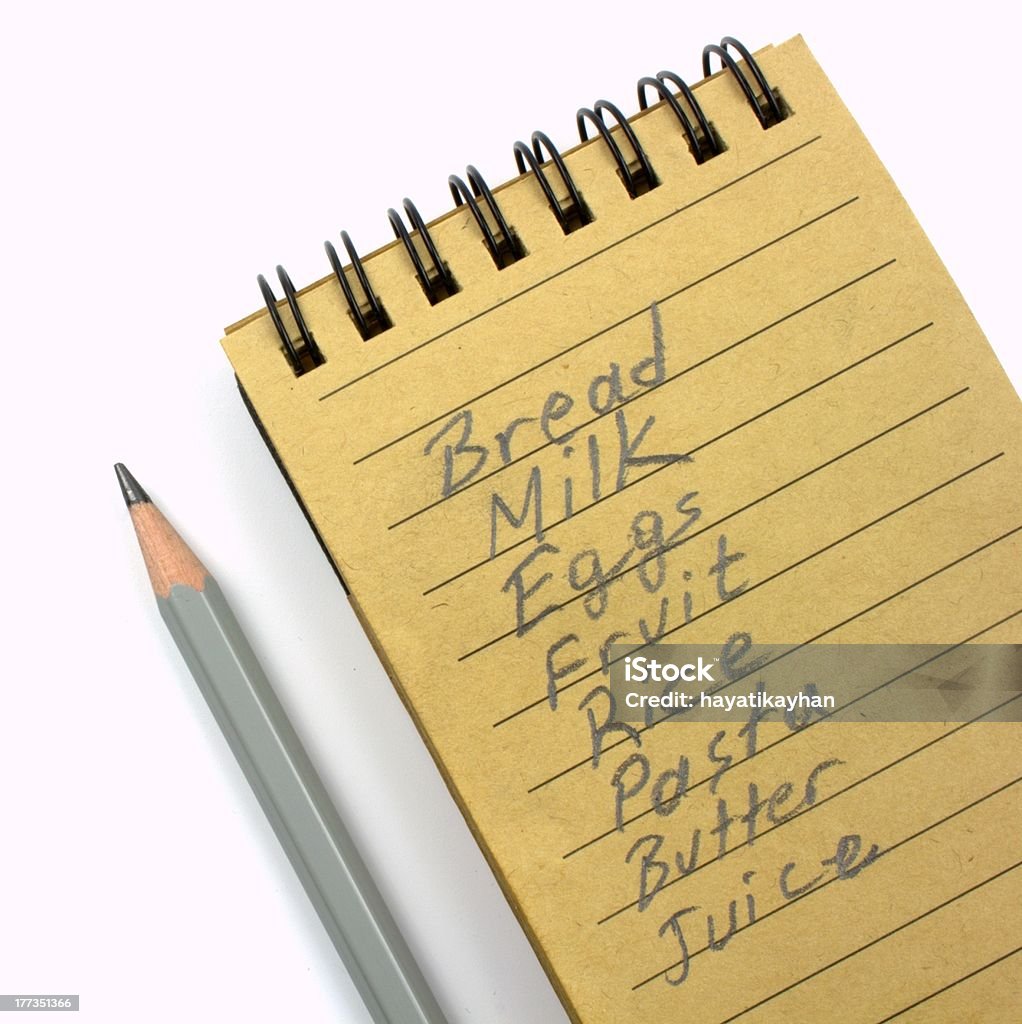 Pencil and natural paper shopping list Pencil and handwriting shopping list with natural paper on white background. Shopping List Stock Photo