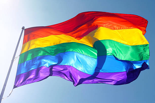 bandera del arco iris, sol, viento y cielo azul - gay pride flag fotografías e imágenes de stock