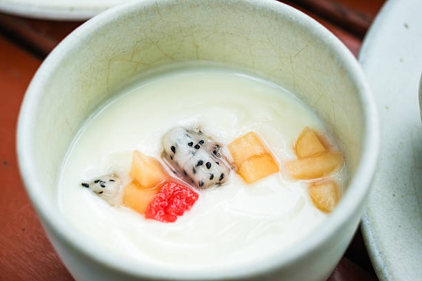 Chinese cuisine, Almond Tofu with freshness fruit stock photo