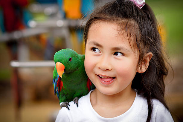 istock cute little girl and parrot 177352125