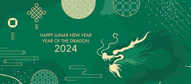 Chinese Lunar New Year 2024 Elegant Dragon Design with Festive Green and Gold Patterns. Modern Chinese Zodiac Art for Celebrations and Greetings.