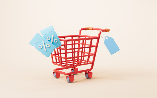 Cartoon shopping cart with shopping theme, 3d rendering. Digital drawing.