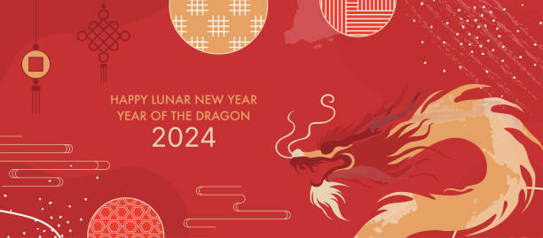 2024 jahr des drachen. chinesisches neujahrsfeier banner design. traditionelle, festliche und künstlerische illustrationsvorlage für das mondjahr diagonale vorlage für grußkarten und veranstaltungen - chinese new year 2024 stock-grafiken, -clipart, -cartoons und -symbole