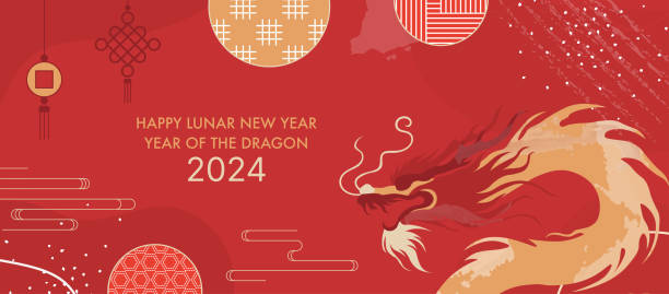 ilustrações, clipart, desenhos animados e ícones de 2024 ano do dragão. design do banner de celebração do ano novo chinês. modelo diagonal de ilustração tradicional, festiva e artística do ano lunar para cartões de felicitações e eventos - cny