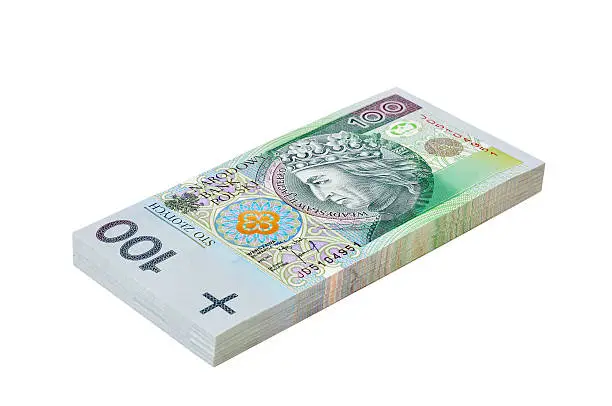 Pack of Polish Zloty bills on isolated white background