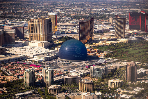 THE USA,  19 October 2023, Las Vegas: Aerial view from airplane on Las Vegas the Strip centre of city with resorts and attraction during suny day.