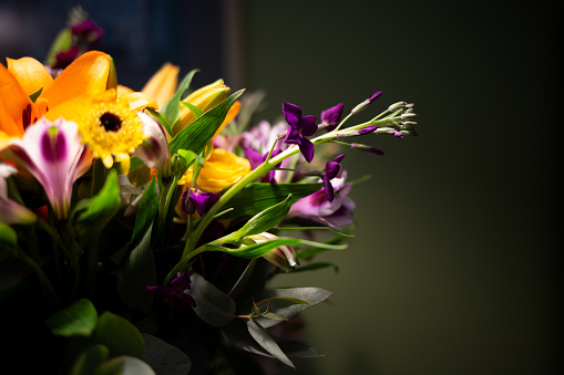 Still life. luxury spring flowers on a black background. color bloom. Low key photo.