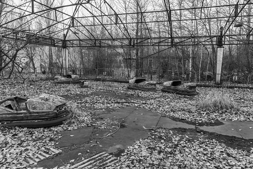 Bumper cars in abandoned amusement park in ghost town Pripyat, Ukraine. Chornobyl exclusion zone