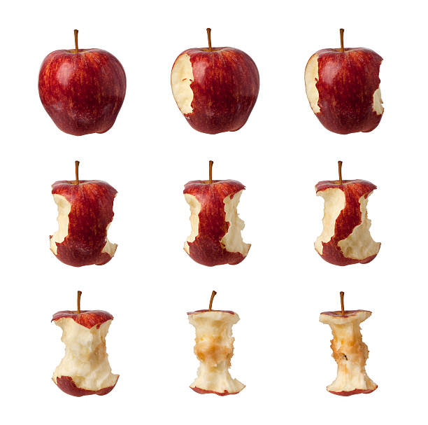passaggi per mangiare una mela - apple missing bite fruit red foto e immagini stock