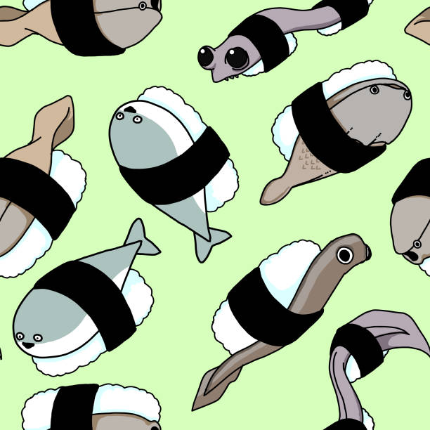 ilustraciones, imágenes clip art, dibujos animados e iconos de stock de sushi de pescado antiguo. sushi elaborado con peces antiguos que vivieron durante el período ordovícico. - ordoviciense ilustraciones