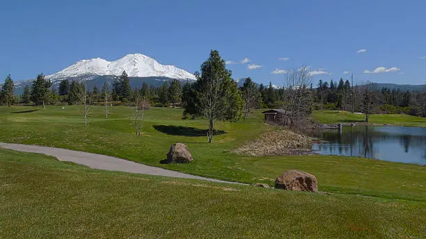 "Mount Shasta 14,179 ft is located at the southern end of the Cascade Range in Siskiyou County, California. It is the 5th highest peak in California. It is of volcanic origin and last erupted in 1786. It is part of the Shasta-Trinity National Forest and open for recreation. Here seen from a golf course"