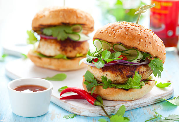 thai hamburger di pollo - portion turkey sandwich close up foto e immagini stock