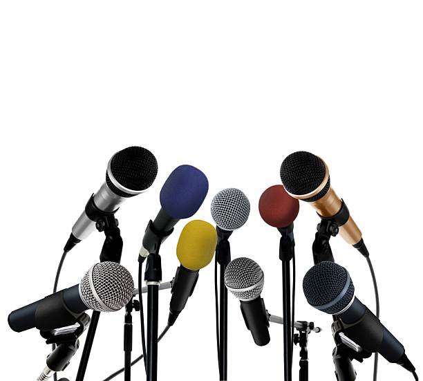 istock Arrangement of press conference microphones isolated 177361346