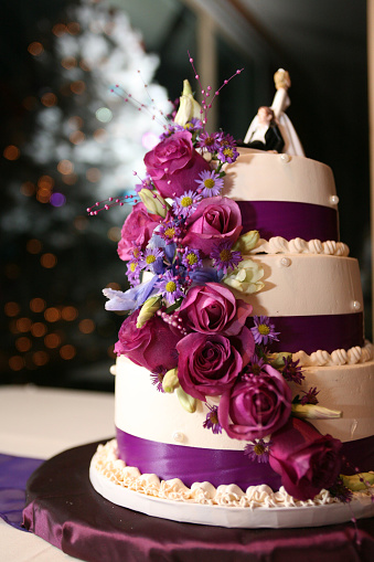 Three tiered Purple Wedding Cake with funny cake topper