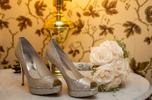Bridal Heels and Bouquet on a table