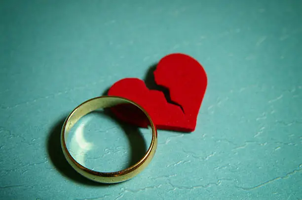 Photo of A wedding ring and broken heart representing divorce