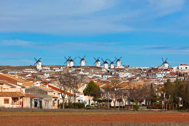 Old Spanish windmills view, Campo de Criptana stock photo
