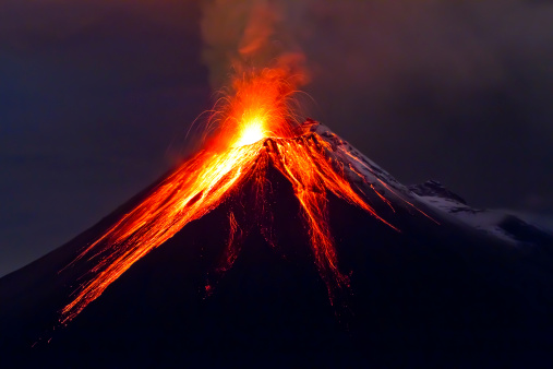 Tungurahua Volcano eruption long exposure with lava
