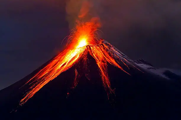 "Tungurahua Volcano eruption at night, with snow, Ecuador"