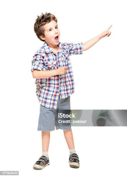 Little Excited Boy Pointing At Something Stock Photo - Download Image Now - Child, Full Length, Boys