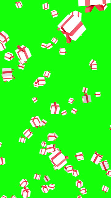 Falling gift boxes from the top, 3DCG rendering, Christmas, Green background of chroma key