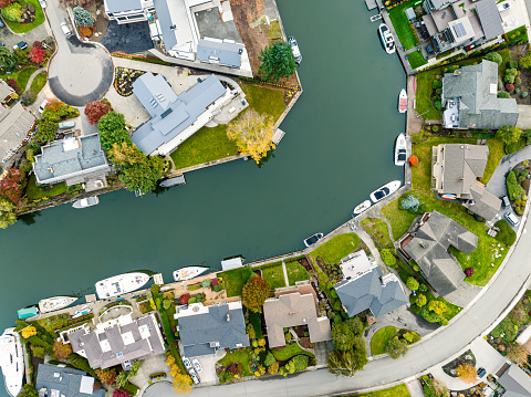 An aerial view of Newport Shores neighborhood along the shores of Lake Washington in Bellevue