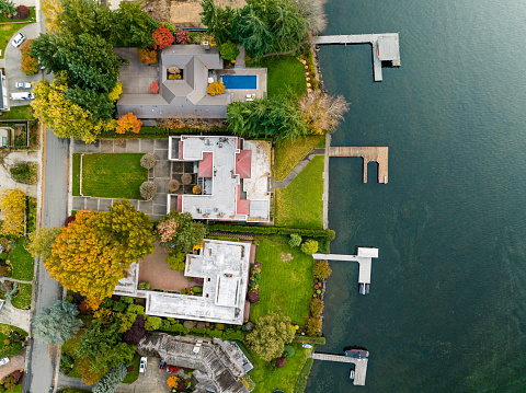 An aerial view of Newport Shores neighborhood along the shores of Lake Washington in Bellevue