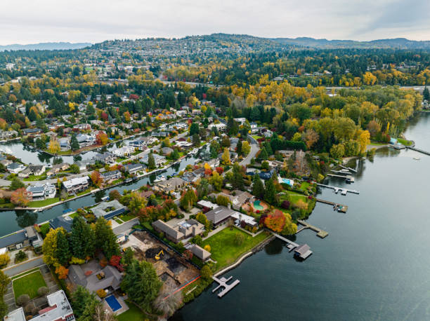 vue aérienne du quartier à l’automne - bellevue washington state photos et images de collection