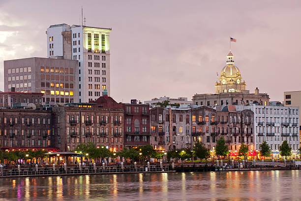 istock City skyline by harbor in Savannah 177364917